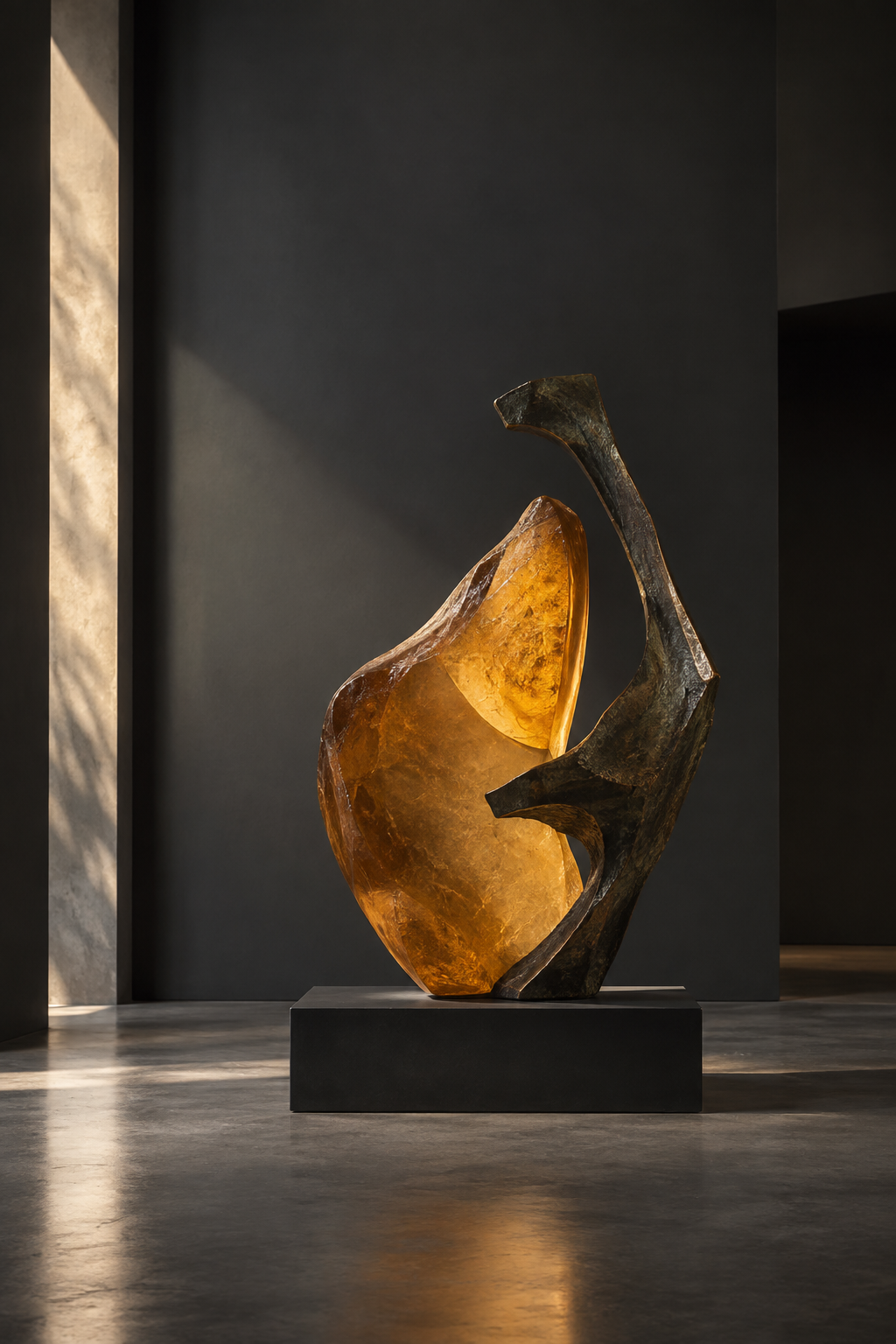 Translucent amber resin and bronze sculpture on a black plinth