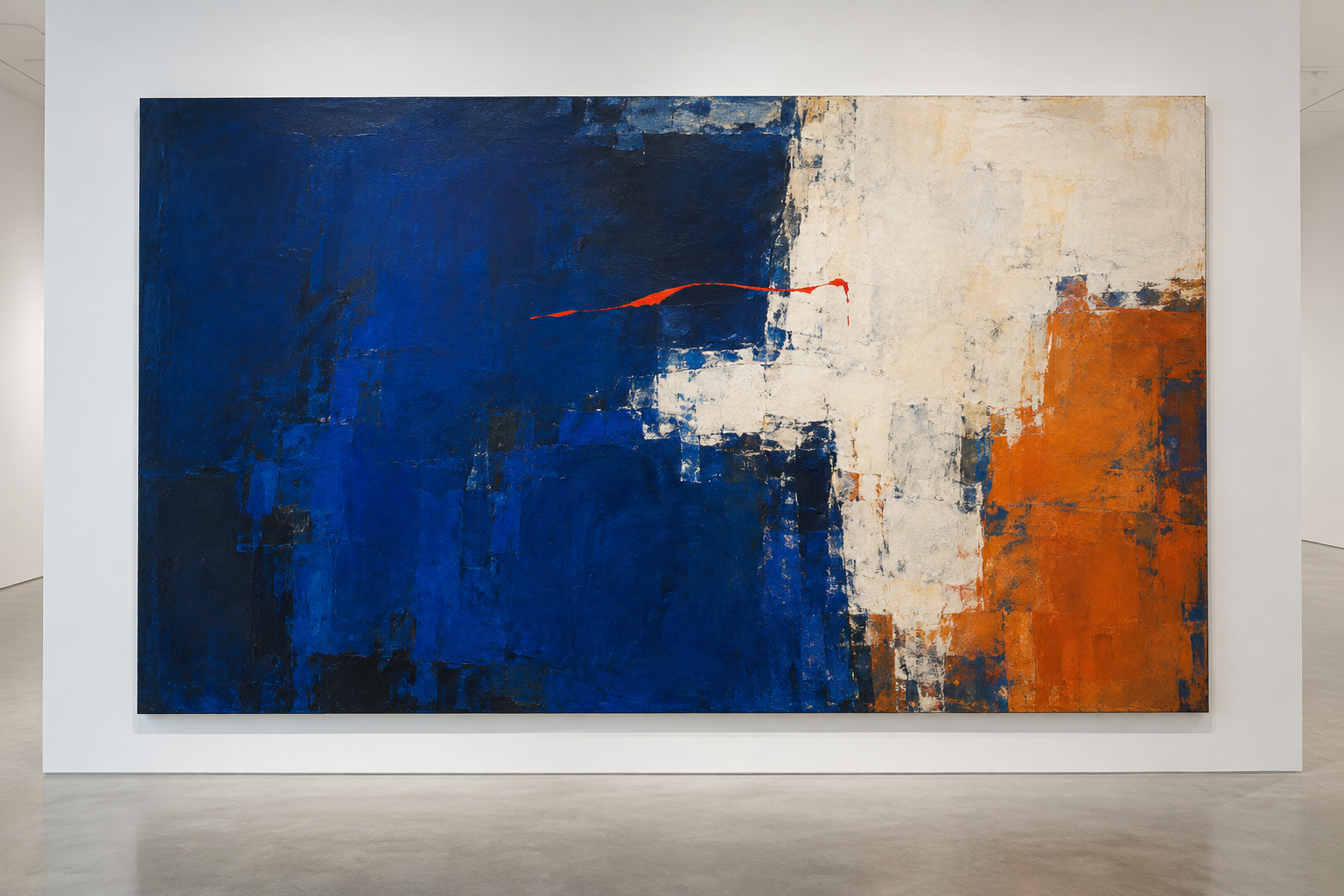 A monumental abstract painting in ultramarine, mineral white and burnt orange