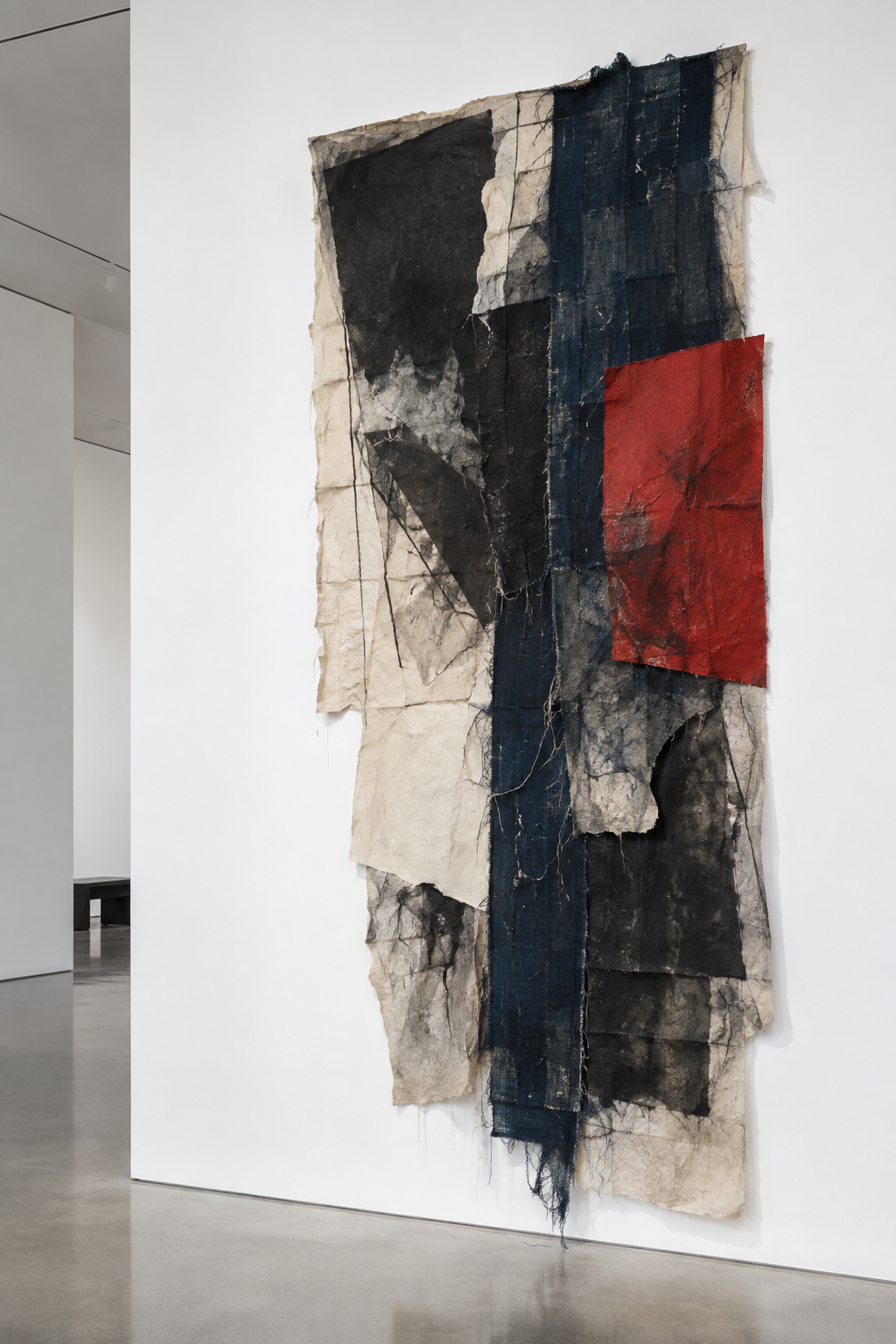 Layered textile and paper artwork in charcoal, indigo and red